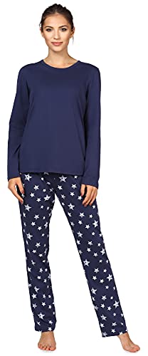 Bellivalini Damen Schlafanzug lang Pyjama Langarm Lange Hose Rundhalsausschnitt Muster Sterne bunt BLV50-167(Marineblau Marineblau Sterne, L) Cover