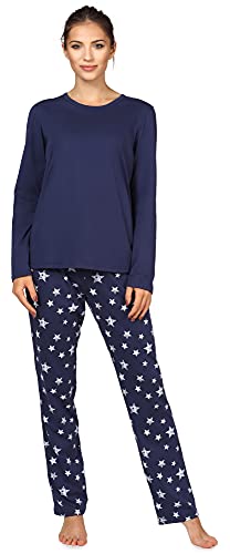 Bellivalini Damen Schlafanzug lang Pyjama Langarm Lange Hose Rundhalsausschnitt Muster Sterne bunt BLV50-167(Marineblau Marineblau Sterne, M)