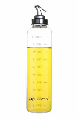 Image of SignoraWare Eze Flow Borosilicate Glass Oil Dispenser | Measurement Marking | Wide Bottleneck for Easy Reffiling | Lock Nozzle Lid | Essential oils | Grilling | Home & Restaurant use (1 ltr | Clear)