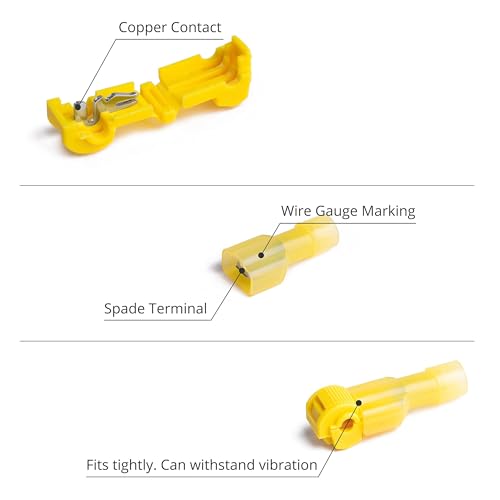 Wirefy 120 PCS Yellow T Tap Wire Connectors - Quick Splice Electrical Wire Tap Connectors and Insulated Male Quick Disconnect Terminals - 12-10 AWG