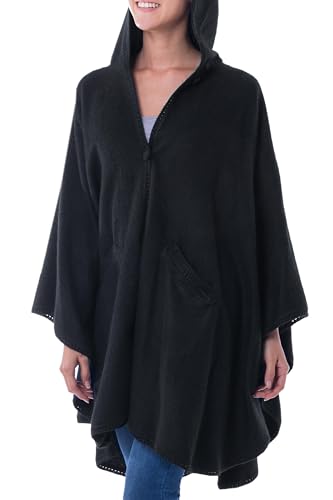 NOVICA Artisan Handmade Alpaca Blend Hooded Ruana Cape Andean with Acrylic Wool Clothing Wraps Ruanas Black Solid Peru ' Glamorous Night'3