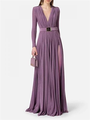 Women's Pleated Solid Deep V-Neck Evening Dress Sexy Belted Split-Side Long Sleeve Prom Dresses4