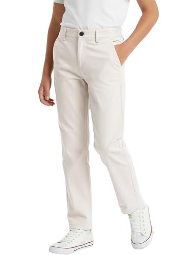 PATPAT Boys Straight Twill Chino Pants White Size 9-10 Years Kids School Uniform Youth Elastic Waist Flat Front Zip & Button Closure Pants