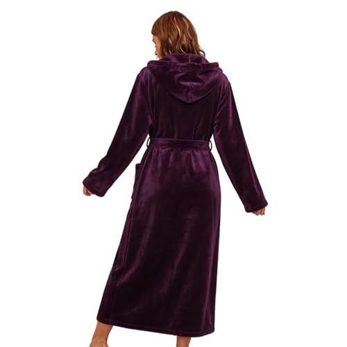 Image of RONGTAI Womens Robes Plush Fleece Hooded Bathrobe Thick Nightgown with Pockets Fluffy Sleepwear