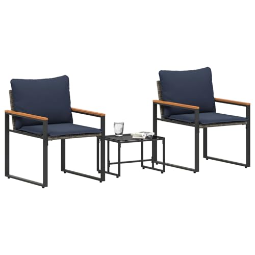 vidaXL Ensembles de Meubles 3 pcs Gris et Bleu Marine Rotin, Jardin et terrasse, fauteuils Modernes en rotin, Ensemble de Meubles rectangulaire, résistant aux...