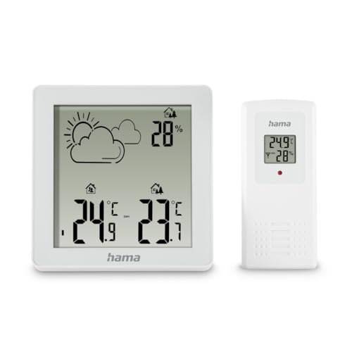 Hama Estación meteorológica (con sensor exterior, termómetro interior y exterior, higrómetro interior y exterior, pronóstico del tiempo con iconos, para colocar y colgar, incluye pilas), color blanco