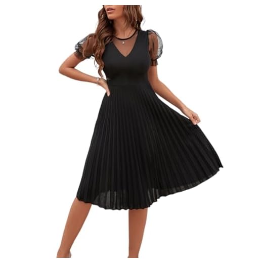 WDIRARA Women's Mesh Sheer Puff Sleeve High Rise Elegant Solid Pleated Midi Dress Black M