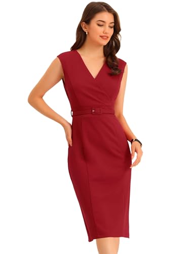 Image of Allegra K Business Dress for Women's Pencil Sheath Work Dress | V Neck Knee-Length Sleeveless Dress With Belted