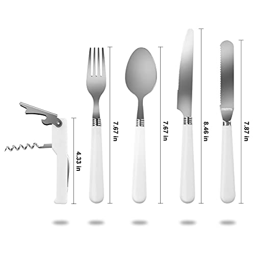 Camping Kitchen Silverware Mess Kit Cutlery Organizer 2 Person Dinnerware Set - 12Pcs Eating Utensils Set With Stainless Steel Plate Spoon Serrated & Butter Knife Wine Opener Fork Napkin #TOP3