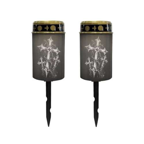 Image of Poceacles Solar Powered Outdoor Lights Cemetery Solar Memorial Lights Outdoor Waterproof Landscape Candles for Yard Patio Lawn Home Decor, Cross Print Black, Set of 2