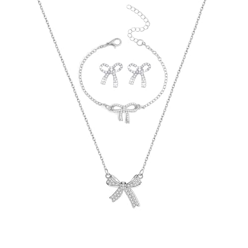 Gold Bow Necklace Bracelet Earrings Set for Women Bowknot Choker Necklace Ribbon Stud Earrings Silver Bow Bracelet Christmas Holiday Jewelry (Silver-1)