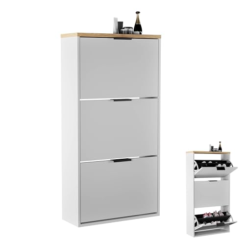 Planetmöbel Schuhschrank schmal mit 3 Klappen platzsparender Schuhregal mit 6 Ablagen, Schuhkommode für Diele, Flur, Garderobe 60 x 23 x 118 cm, weiß grau Planetmöbel Schuhschrank schmal mit 3 Klappen platzsparender Schuhregal mit 6 Ablagen, Schuhkommode für Diele, Flur, Garderobe 60 x 23 x 118 cm, weiß grau