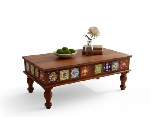 Image of Sheesham Wood Rectangle Center Coffee Table for Living Room | Wooden Centre Table for Drawing Room, Office & Home | Solid Wooden Coffee Table for Living Room | Multicolor Tiles Design (Honey)