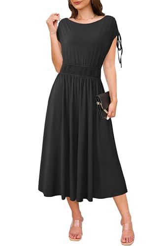 Newshows Womens Summer Dresses Short Sleeve Casual Midi Dress Boat Neck Smocked Drawstring Dresses Black,L - Image 2
