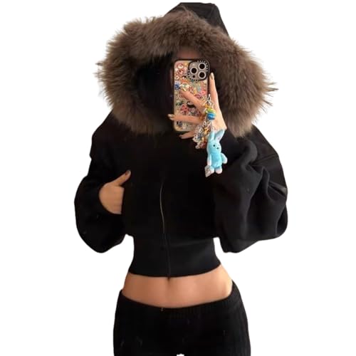 Omwnxy Women’s Cropped Zip Up Hoodie with Faux Fur Hood, Warm Short Jacket Winter Coat (Black,S)