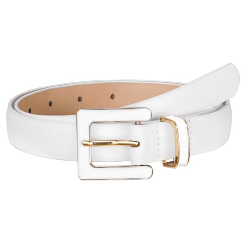 SUOSDEY Women Skinny Leather Belt for Jeans Pants Dresses with Square Buckle Thin Leather Waist Belt Width 0.9 white