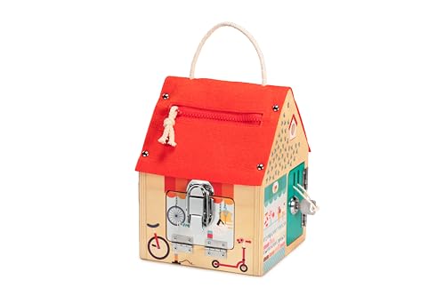 Lilliputiens-Haus zum Verschlüsse-Lernen aus Holz-Lehrreiches Holzspielzeug mit 6 verschiedenen Verschlusssystemen-Schlüssel,Klettverschluss, Riegel, Haken-Förderung von Motorik & Fantasie-Ab 3 Jahren