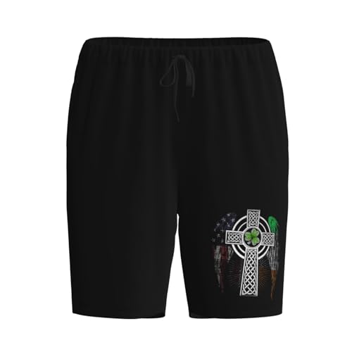 Irish American USA Flag Celtic Cross St Patrick's Day Pajama Shorts for Men, Men's Pajama Bottoms, Sleepwear for Summer2