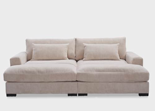 Container Furniture Direct Luxe Sleeper Sofa with Soft Corduroy Upholstery, Double Chaise Design, Convertible to Twin Size Bed, Modern and Comfortable Living Room Couch, Extra Large, Beige