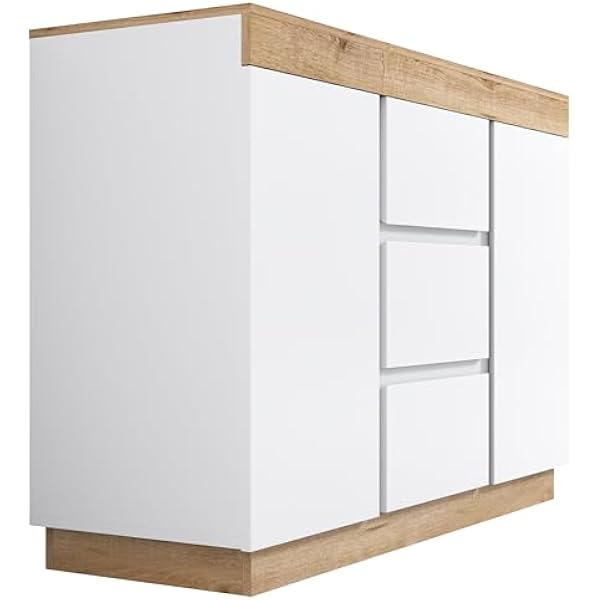 Dolamaní Деревянный комод белого цвета с дубовыми вставками 120 x 82 x 40 см шир. выс. глуб. современный комод с 3 ящиками и 2 дверцами для спальни гостиной прихожей столовой