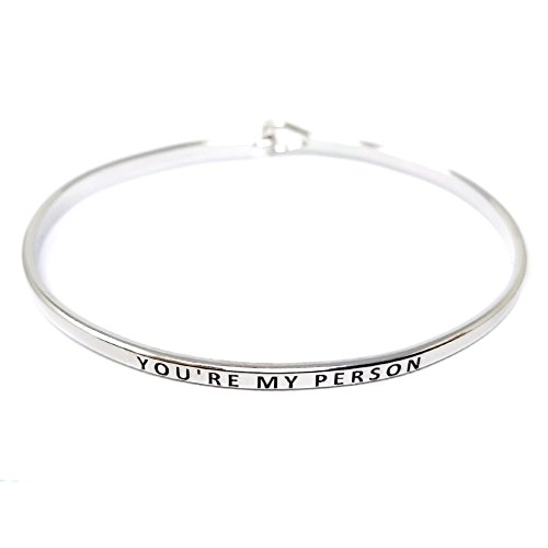 Me Plus Inspirational YOU'RE MY PERSON Positive Message Engraved Thin Bangle Hook Bracelet (Silver, brass)