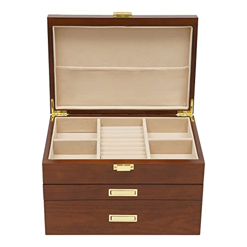 Coffret Boîte à bijoux en bois massif à 3 couches avec serrure et miroir pour bijoux, bagues, boucles d'oreilles, marron