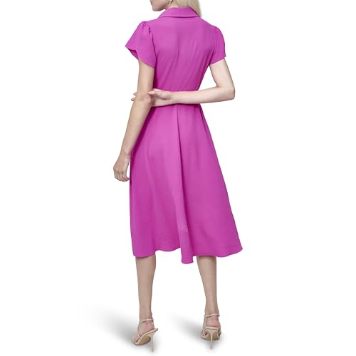 Image of DKNY Women's Short Sleeve Collared V-Neck Tie Waist Midi Dress