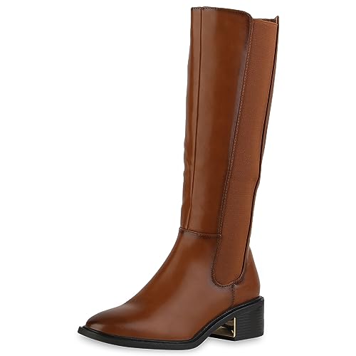 VAN HILL Damen Klassische Stiefel Blockabsatz Basic Klassisch Schuhe 840543 213096 Hellbraun 40