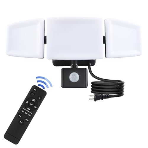 Ganiude 35W Plug in Flood Light Outdoor, Motion Sensor Plug in LED Security Light with Remote Control, Dusk to Dawn, 3 Heads, 3500LM, 5000K, IP65 Waterproof Exterior Lamp for Porch, Garage, Yard