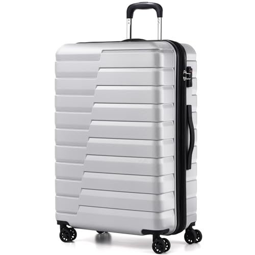 Coolife Expandable Large Checked Luggage with Spinner Wheels, Hard Shell Suitcase TSA Lock Rolling Travel Luggage 28-inch,Silver sliver Large(28in)