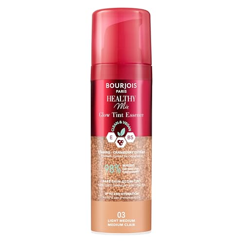 Bourjois Healthy Mix, 03 Medium clair, Glow Tint Essence, Effet peau nue, Fini éclatant, Hydratant teinté à la texture fraîche et légère, Formule clean...