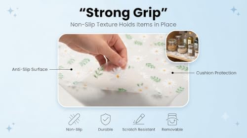 Image of Dribble EVA Shelf Liner Mat 45x500cm Roll, Non Slip Drawer & Cabinet Liner for Kitchen, Waterproof Oilproof Washable Fridge Mat, Anti Skid Cupboard Wardrobe Multipurpose Mat Spring Daisy