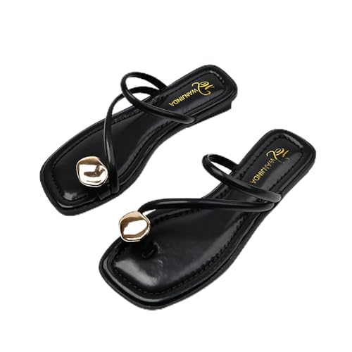 Women's leather strappy flat metal toe ring sandals fashionable square open toe low block heel slip-on Clip Toe Slide Sandals Casual Summer Beach slipper