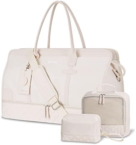 ETRONIK Weekender Overnight Bag for Women, Large Travel Duffle Bag with Shoe Compartment & Wet Pocket, Carry On Tote Bag Gym Duffel Bag with Toiletry Bag, Bag for Hospital 4 Pcs Set, Beige