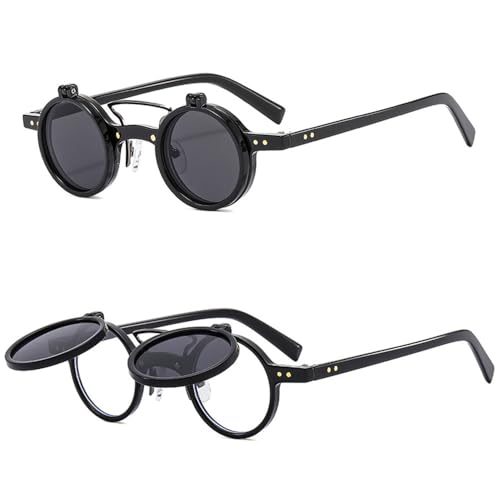 HYLLE Retro Flip-Up Round Goggles Seampunk Sunglasses for Men Women 90s Style4