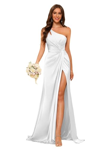 Image of vintys Women's One Shoulder Ruched Bridesmaid Dresses Long with Slit Satin Formal Prom Dress VS117