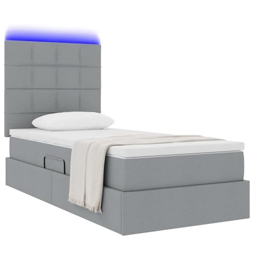 vidaXL Cama con Almacenamiento y LED Gris Claro 90 x 190 cm Poliéster, Cama Moderna Rectangular, elevación hidráulica, Estructura metálica, Espacio de Almacenamiento, ¡con LED