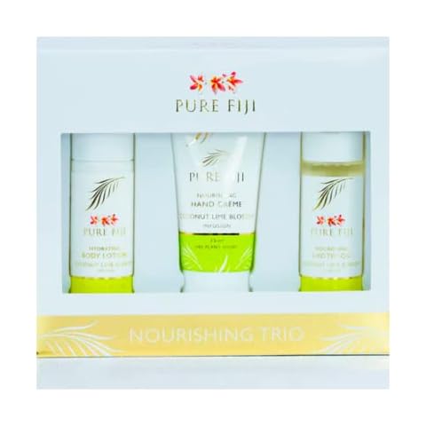 Pure Fiji Nourishing Trio, Ideal Spa Bath Gift Set for Women - Travel Kit - Includes Exotic Body Oil, Hydrating Body Lotion For Women and Nourishing Hand Cream, Coconut Lime Blossom Scent Cover