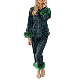 Fnkro Women's Pajama Sets Feather Decoration Long Sleeve Button-Down Lapel Collar Tops + Pants Pjs Lounge Set Sleepwear Green Plaid,Medium