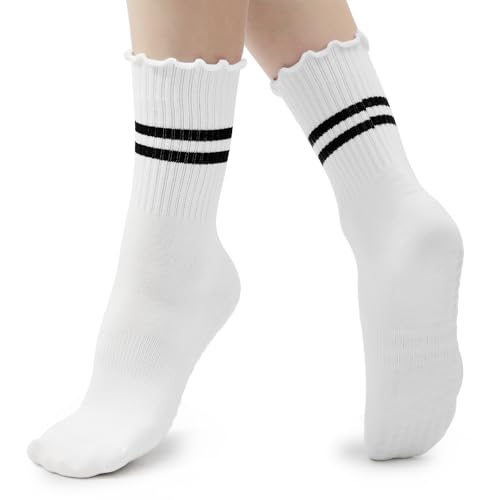 Image of American Trends Pilates Crew Socks for Women with Grips, Non Slip Ruffle Sock for Yoga Barre and Workout