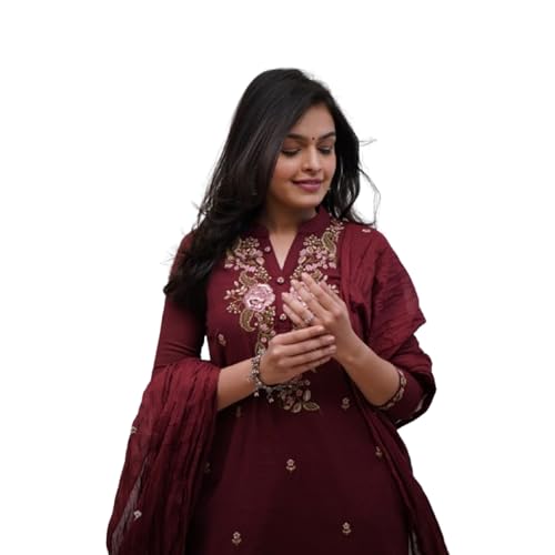 Women's Embroidered Purple Kurta Set with Dupatta, 3 Piece Traditional Ethnic Wear, Floral Design