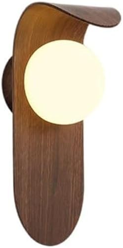 Aplique pared LED moderno tres colores con atenuación, placa trasera madera nogal, pantalla vidrio esférica, diseño curvo, iluminación interior for dormitorio, sala estar, pasillo, decoración elegante