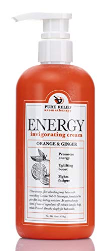 Orange-and-Ginger Energy Body Cream Aromatherapy Body Lotion with Coconut Oil, Ginseng Oil, Shea Butter Hydrating Natural Extracts Moisturize & Smooth Dry Skin by Pure Relief, 16 Oz.