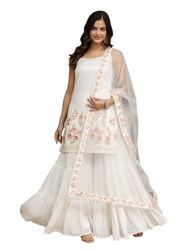 Image of TRENDMALLS Women's Georgette Embroidery Sequence Work Kurta Sharara Set with Dupatta Salwar Suit Set For Women
