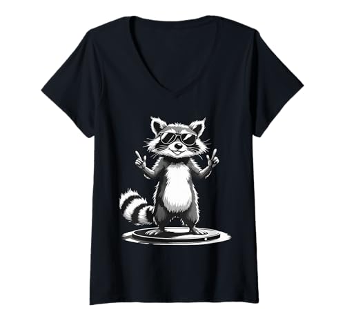 Womens Funny Raccoon Rock Music Cute Racoon Music Lover for Kids V-Neck T-Shirt