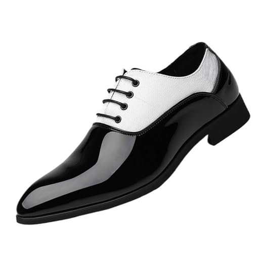 Mens Genuine Leather Oxfords Shoes for Men, Patent Round Toe Lace-up Business Casual Office Work Wedding Tuxedo Shoes