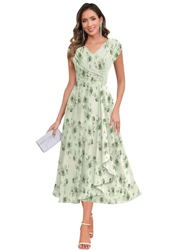 Image of BOLENSYE Grandmother of The Bride Dresses with Sleeves Tea Length Mother of The Bride Dress Floral Sage Evening Gown Size8