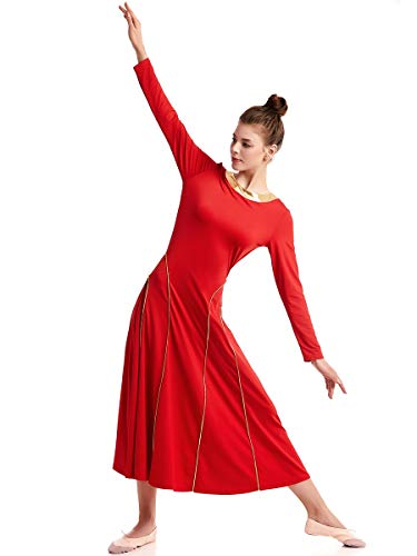 MYRISAM Adults Women Seamed Praise Robe Worship Dance Dress Long Sleeve Gold Metallic Liturgical Full Length Dancewear Red M