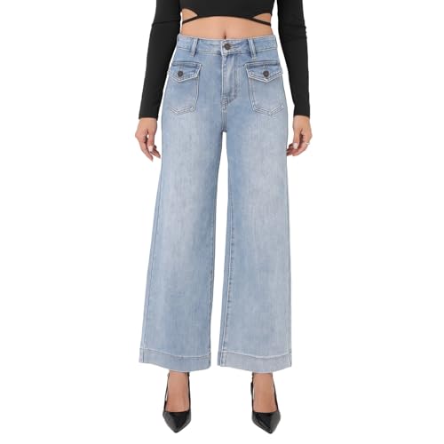 ACTIFORTERRAS Womens Jeans Straight Leg Mid Waisted Light Blue Jeans Stretchy Loose Trendy Denim Pants with Pocket (US, Waist, 29, Long, Light Blue)