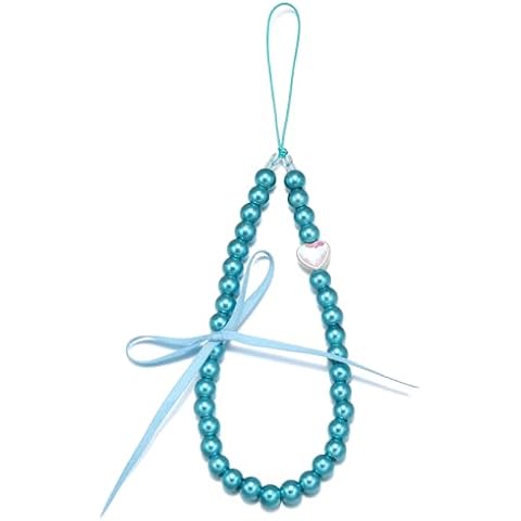 S.J JEWELRY Phone Charm Pearl Beaded Phone Wrist Strap for Women Handmade Ribbion Bow Phone Lanyard Phone Wristlet Cell Phone Accessories PC-PearlBlue Cover